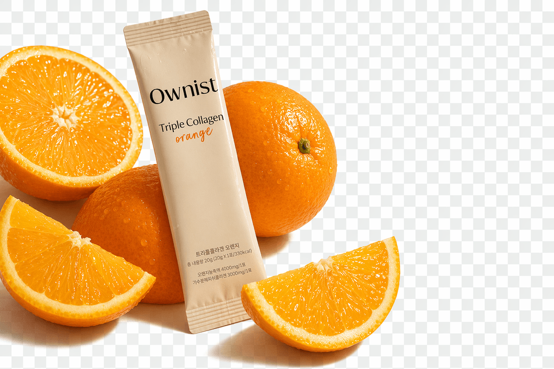 Triple Collagen Orange sachets with fresh oranges