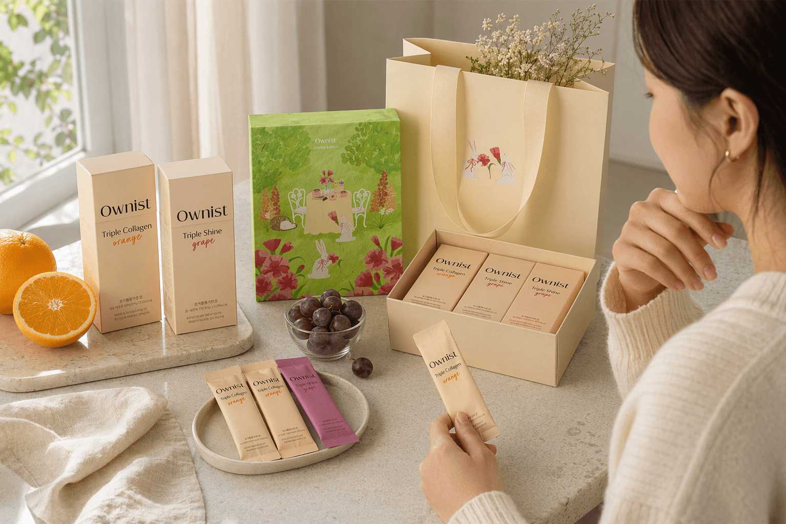 Ownist inner beauty products arranged by routine goal